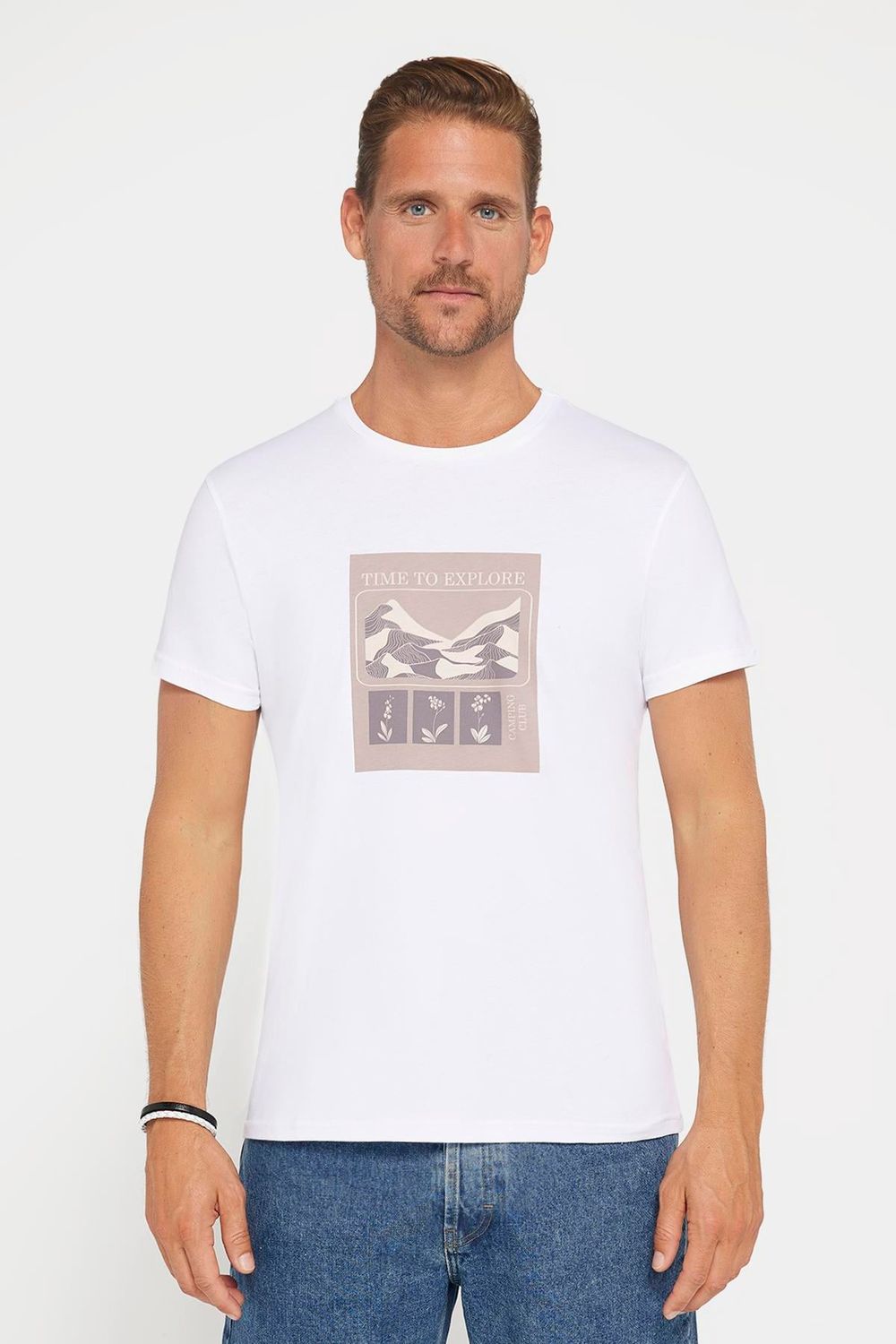Erkek Slim Fit Dar Kesim %100 Pamuk Yumuşak Dokulu Baskılı Beyaz Bisiklet Yaka Tişört