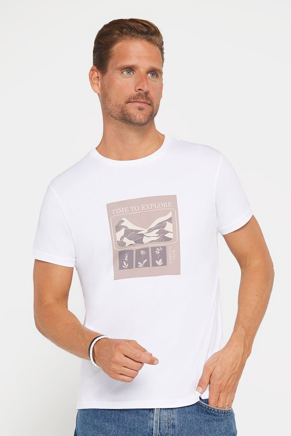 Erkek Slim Fit Dar Kesim %100 Pamuk Yumuşak Dokulu Baskılı Beyaz Bisiklet Yaka Tişört
