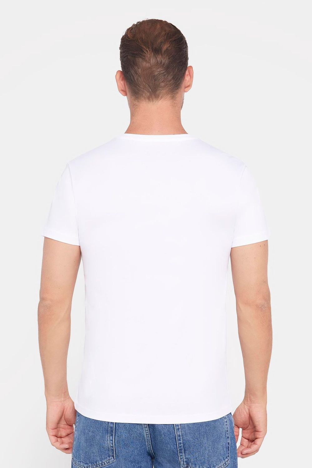 Erkek Slim Fit Dar Kesim %100 Pamuk Yumuşak Dokulu Baskılı Beyaz Bisiklet Yaka Tişört
