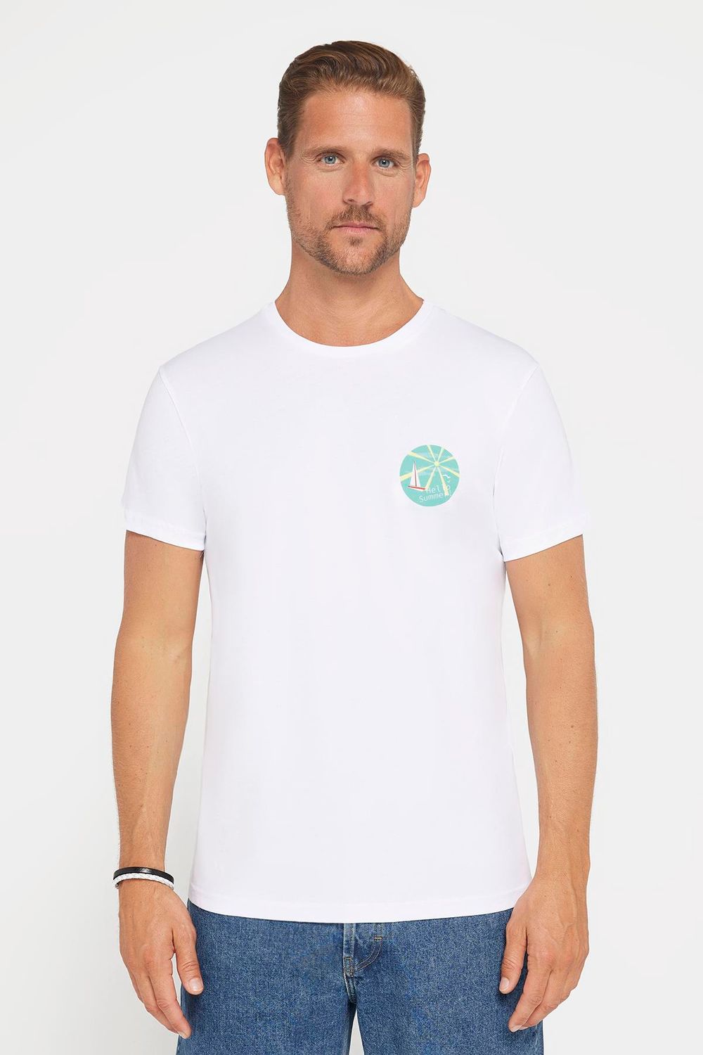 Erkek Slim Fit Dar Kesim %100 Pamuk Yumuşak Dokulu Baskılı Beyaz Bisiklet Yaka Tişört