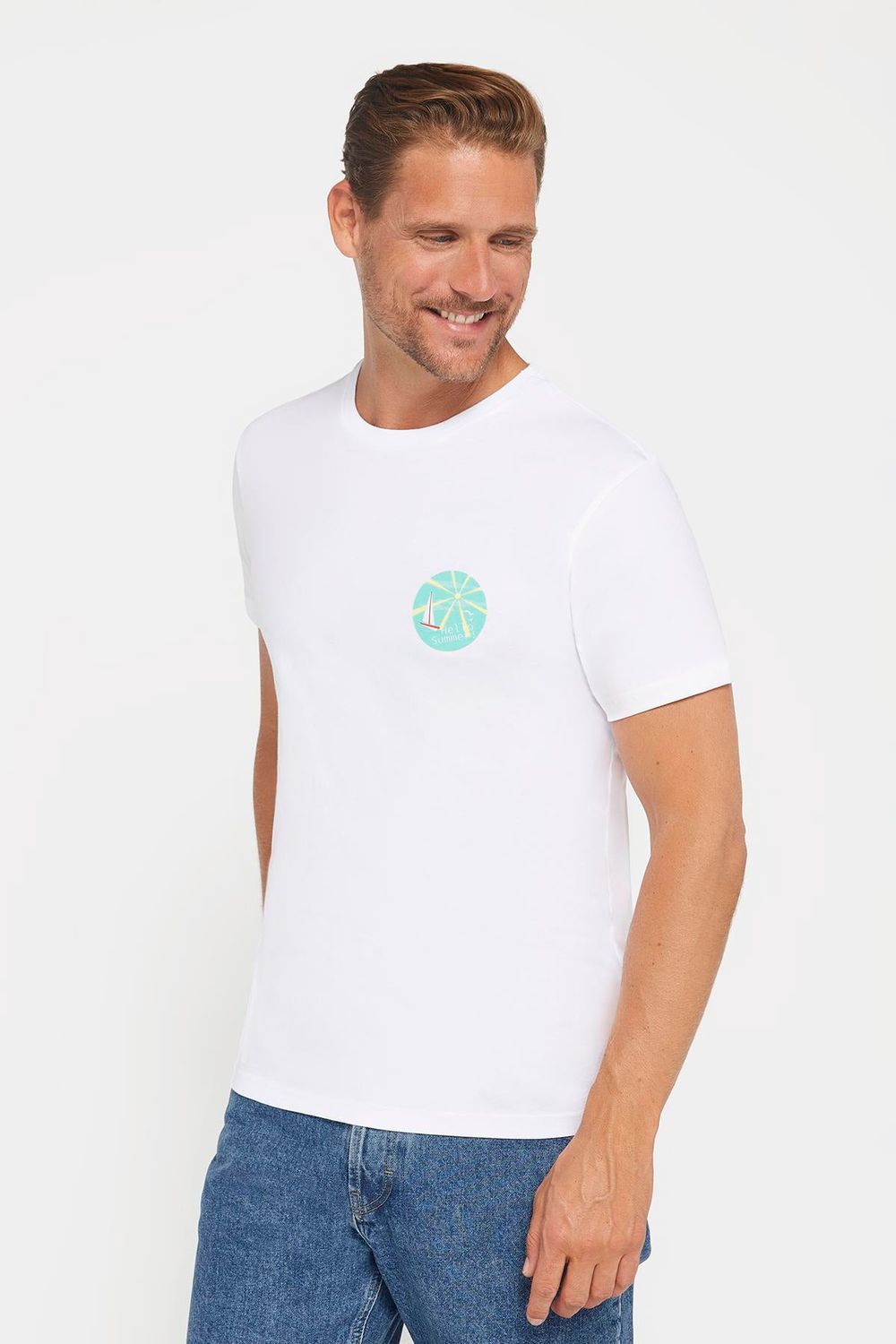 Erkek Slim Fit Dar Kesim %100 Pamuk Yumuşak Dokulu Baskılı Beyaz Bisiklet Yaka Tişört