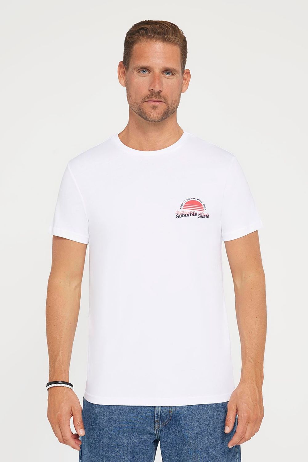 Erkek Slim Fit Dar Kesim %100 Pamuk Yumuşak Dokulu Baskılı Beyaz Bisiklet Yaka Tişört