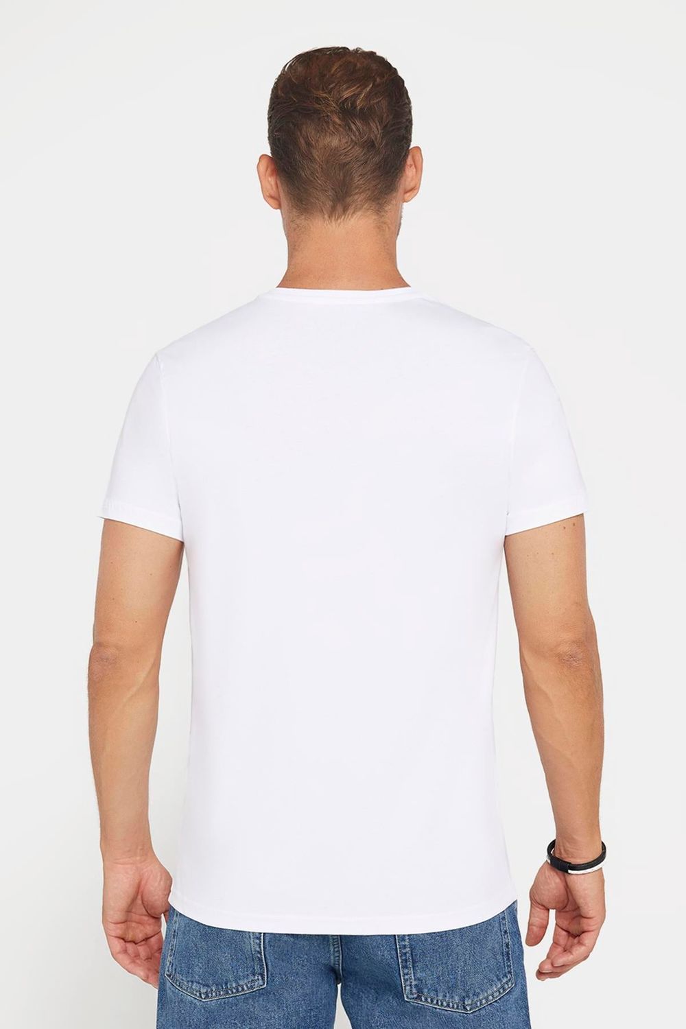 Erkek Slim Fit Dar Kesim %100 Pamuk Yumuşak Dokulu Baskılı Beyaz Bisiklet Yaka Tişört