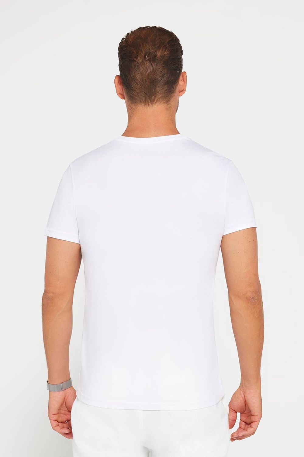Erkek Slim Fit Dar Kesim %100 Pamuk Yumuşak Dokulu Baskılı Beyaz Bisiklet Yaka Tişört