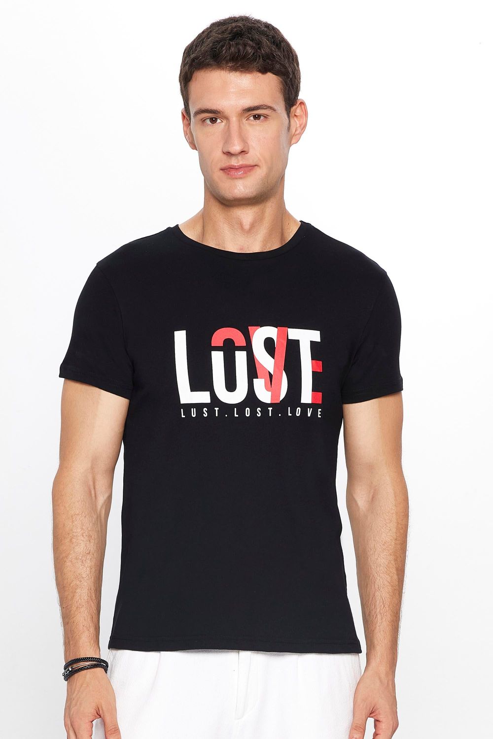Erkek Slim Fit Dar Kesim %100 Pamuk Yumuşak Dokulu Baskılı Siyah Bisiklet Yaka Tişört