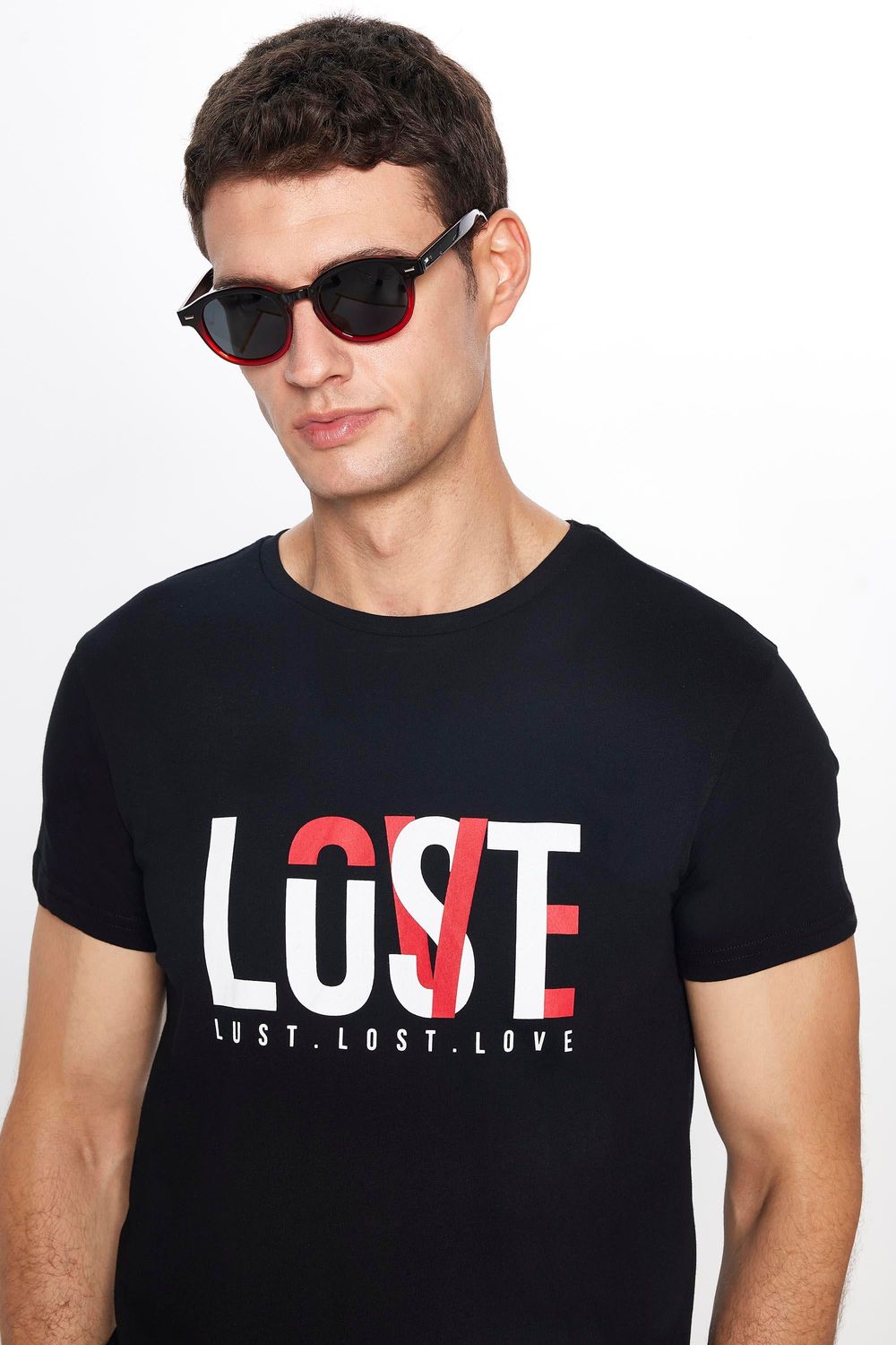 Erkek Slim Fit Dar Kesim %100 Pamuk Yumuşak Dokulu Baskılı Siyah Bisiklet Yaka Tişört