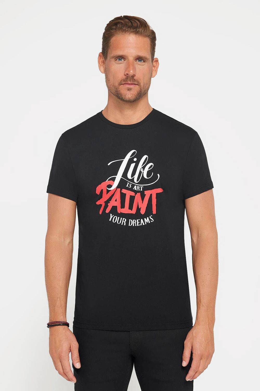 Erkek Slim Fit Dar Kesim %100 Pamuk Yumuşak Dokulu Baskılı Siyah Bisiklet Yaka Tişört