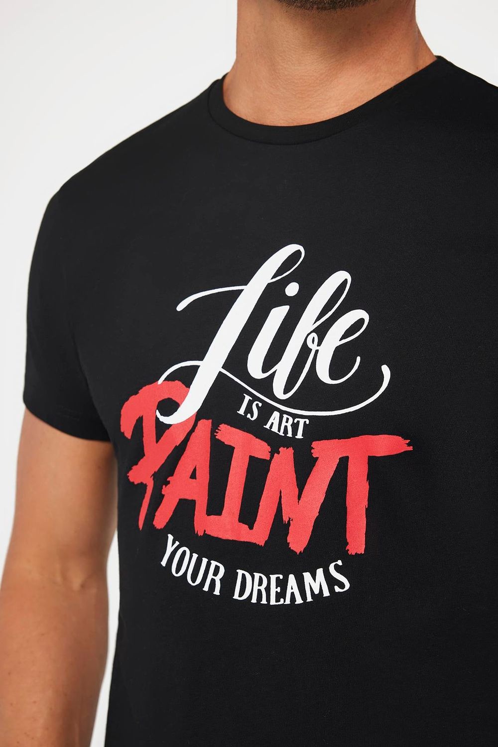 Erkek Slim Fit Dar Kesim %100 Pamuk Yumuşak Dokulu Baskılı Siyah Bisiklet Yaka Tişört