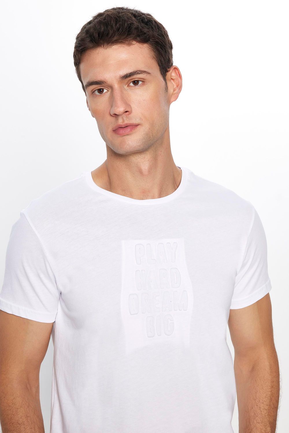 Erkek Slim Fit Dar Kesim %100 Pamuk Yumuşak Dokulu Baskılı Beyaz Bisiklet Yaka Tişört
