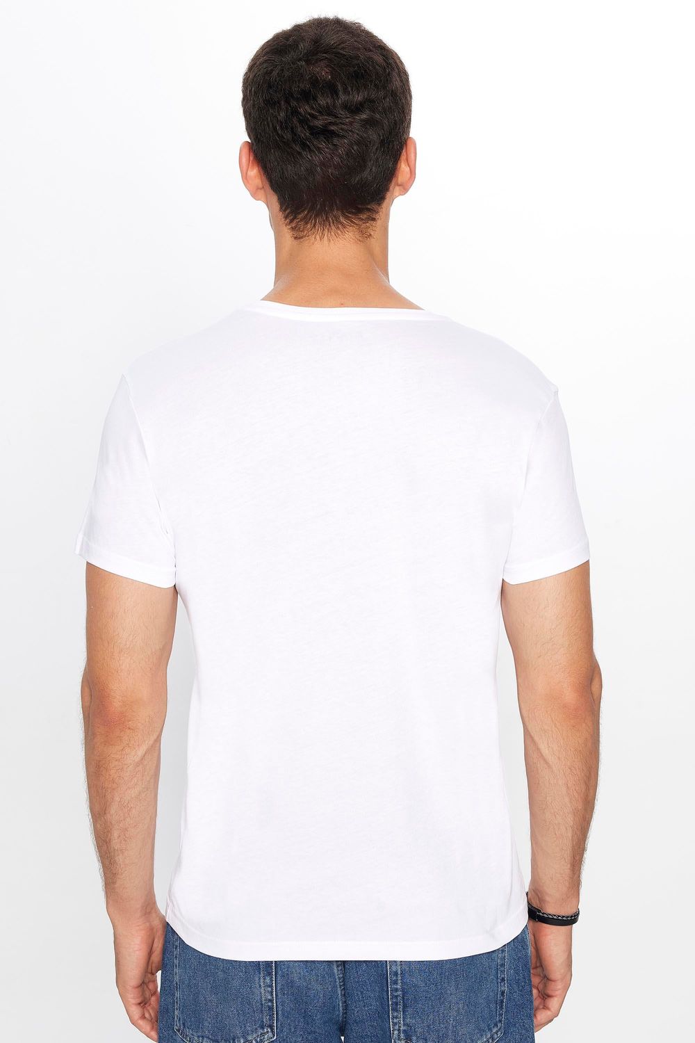 Erkek Slim Fit Dar Kesim %100 Pamuk Yumuşak Dokulu Baskılı Beyaz Bisiklet Yaka Tişört