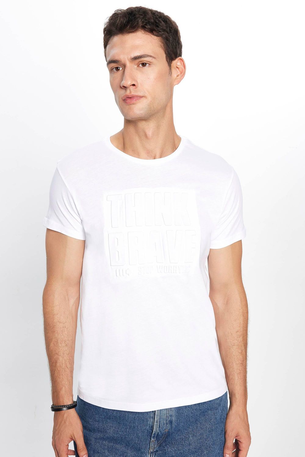 Erkek Slim Fit Dar Kesim %100 Pamuk Yumuşak Dokulu Baskılı Beyaz Bisiklet Yaka Tişört