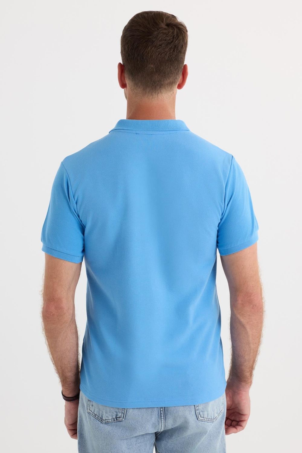 Erkek Slim Fit Dar Kesim Pamuklu Yumuşak Dokulu Serin Tutan Kumaş Düz Pike Mavi Polo Yaka Tişört