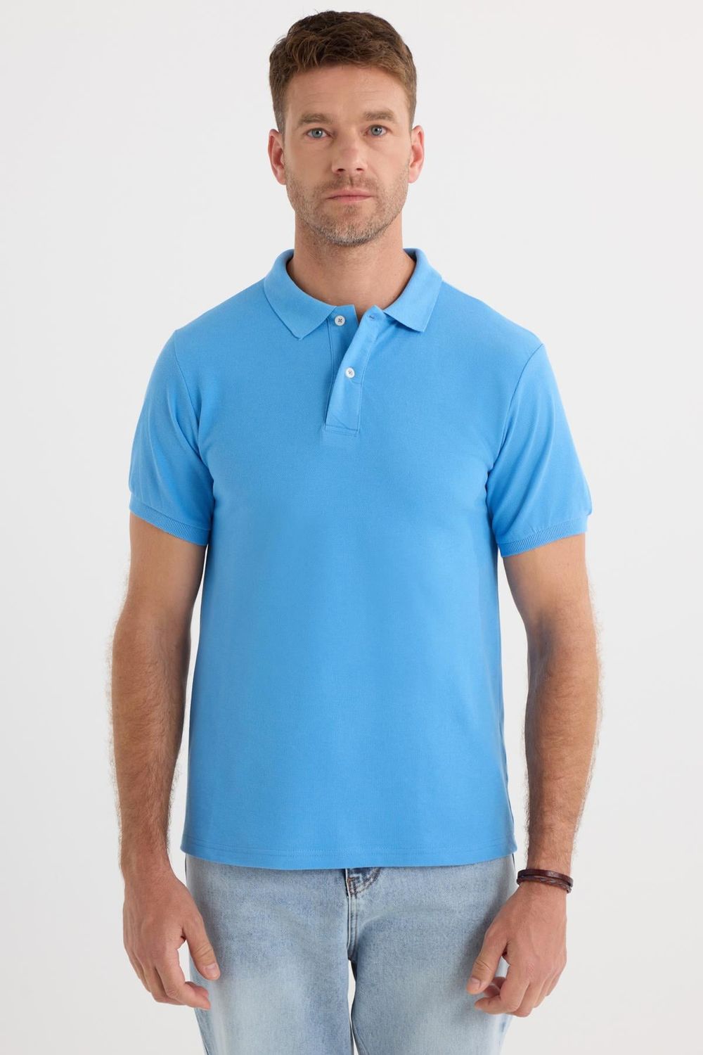 Erkek Slim Fit Dar Kesim Pamuklu Yumuşak Dokulu Serin Tutan Kumaş Düz Pike Mavi Polo Yaka Tişört