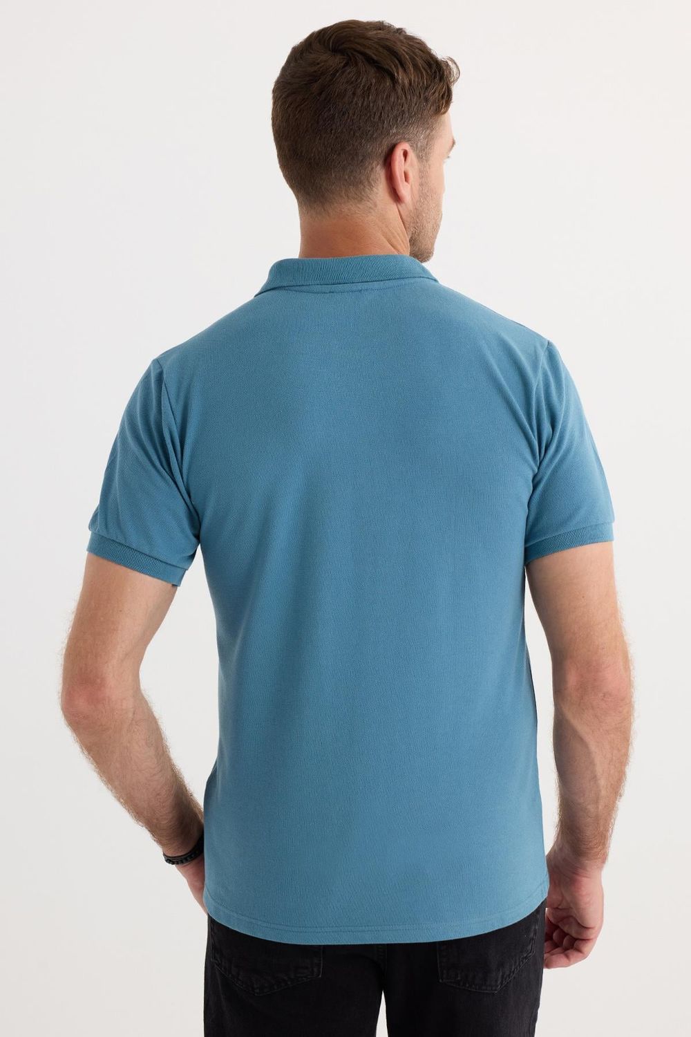 Erkek Slim Fit Dar Kesim Pamuklu Yumuşak Dokulu Serin Tutan Kumaş Düz Pike Mavi Polo Yaka Tişört