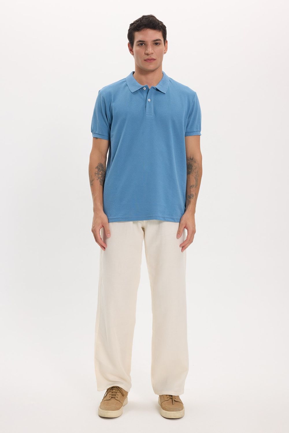 Erkek Slim Fit Dar Kesim Pamuklu Yumuşak Doku Nefes Alan Kumaş Kıvrılmaz Yaka Mavi Renk Polo Yaka