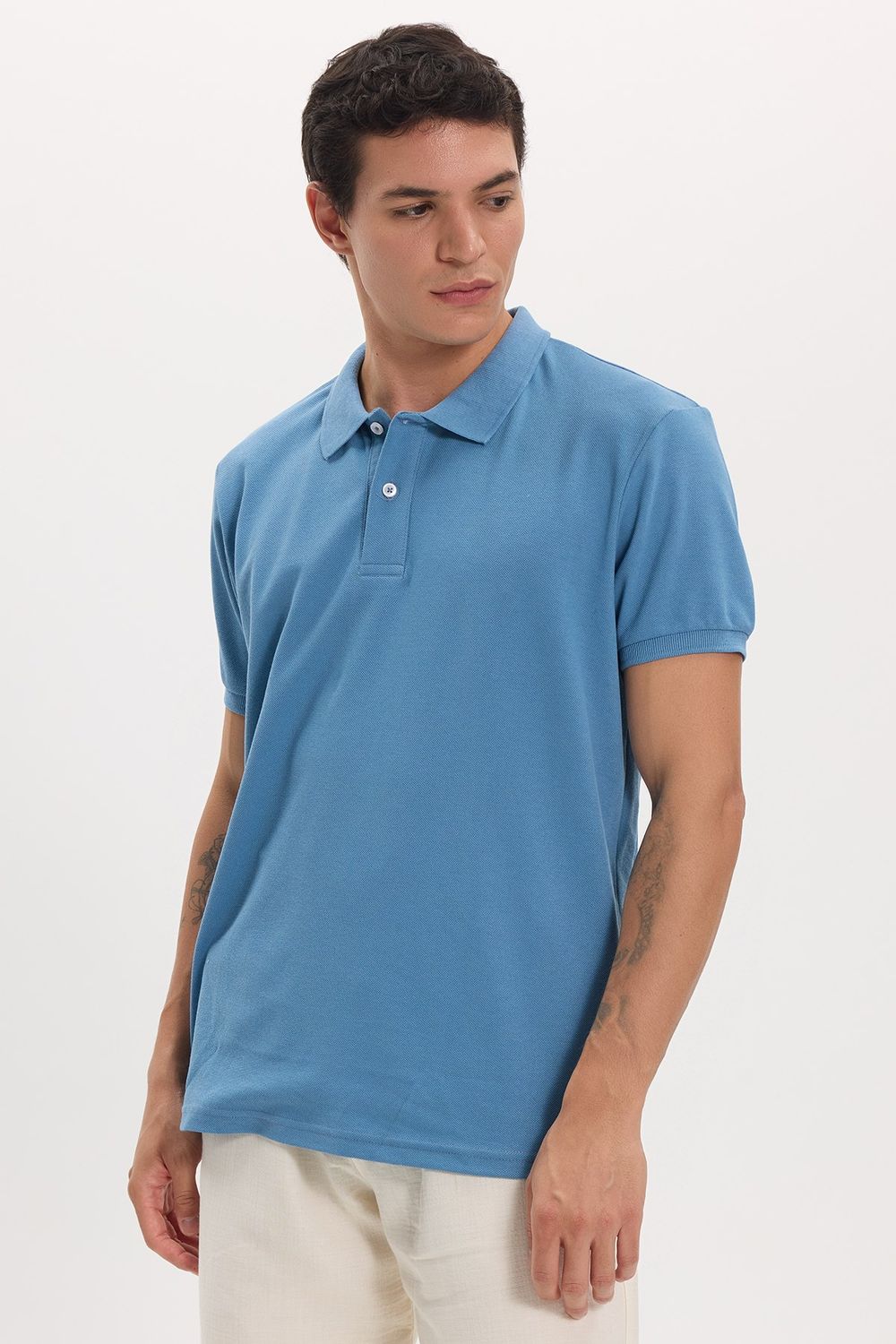 Erkek Slim Fit Dar Kesim Pamuklu Yumuşak Doku Nefes Alan Kumaş Kıvrılmaz Yaka Mavi Renk Polo Yaka