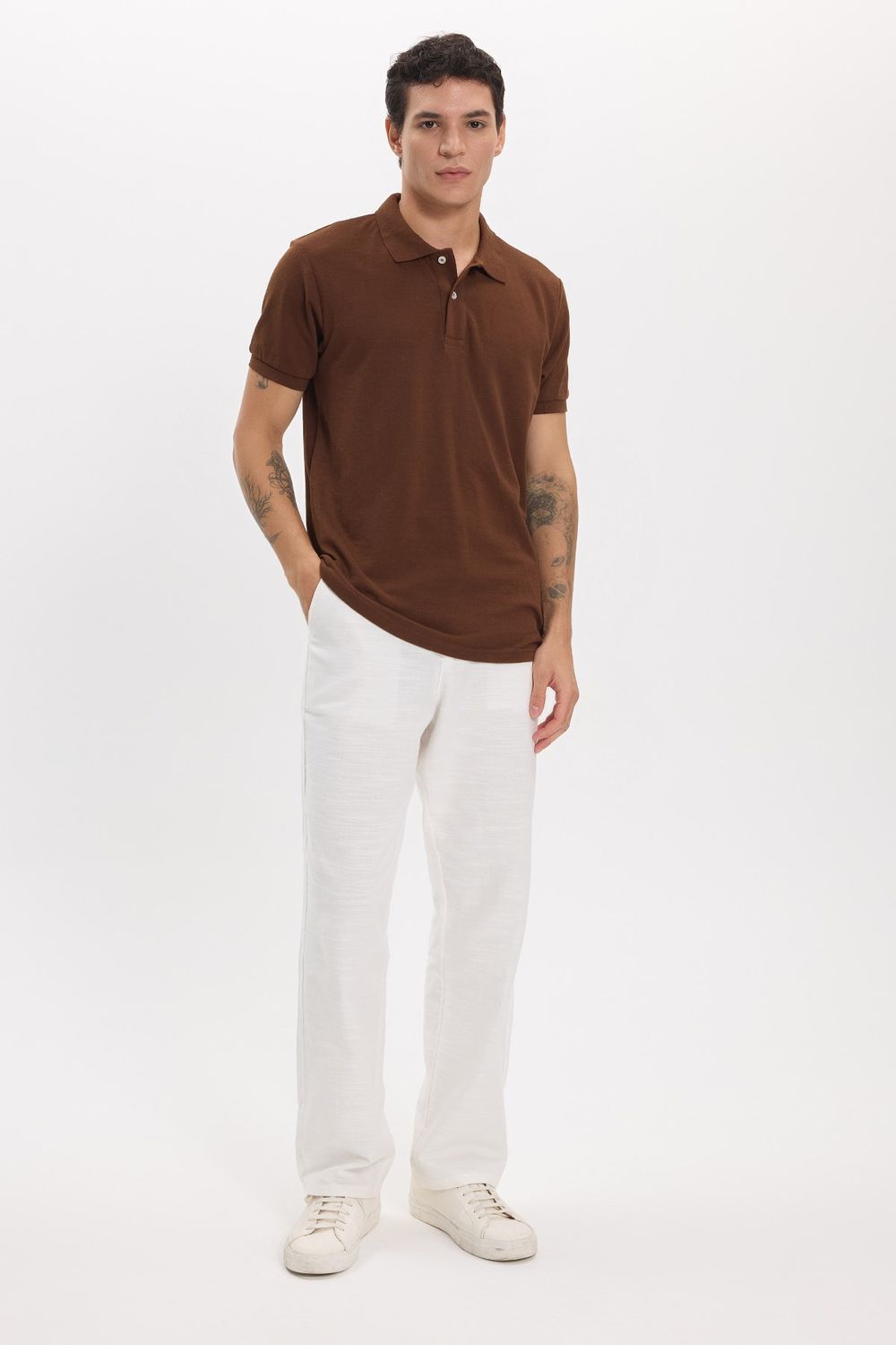 Erkek Slim Fit Dar Kesim Pamuklu Yumuşak Doku Nefes Alan Kumaş Kahverengi Polo Yaka Tişört