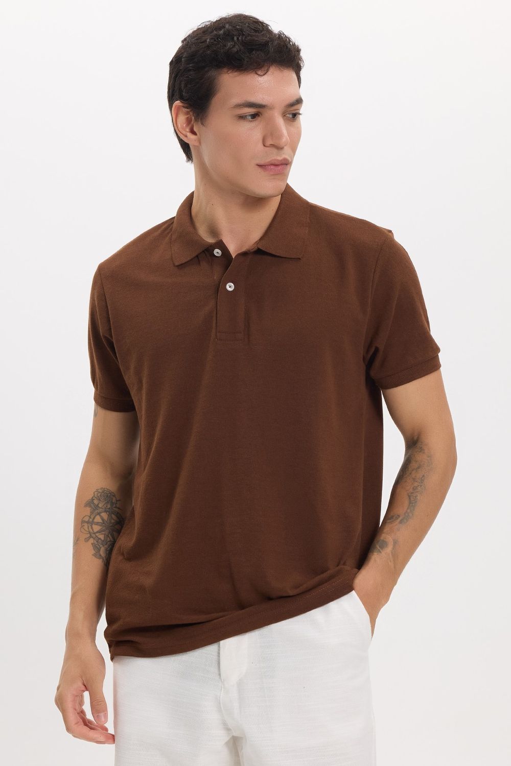 Erkek Slim Fit Dar Kesim Pamuklu Yumuşak Doku Nefes Alan Kumaş Kahverengi Polo Yaka Tişört