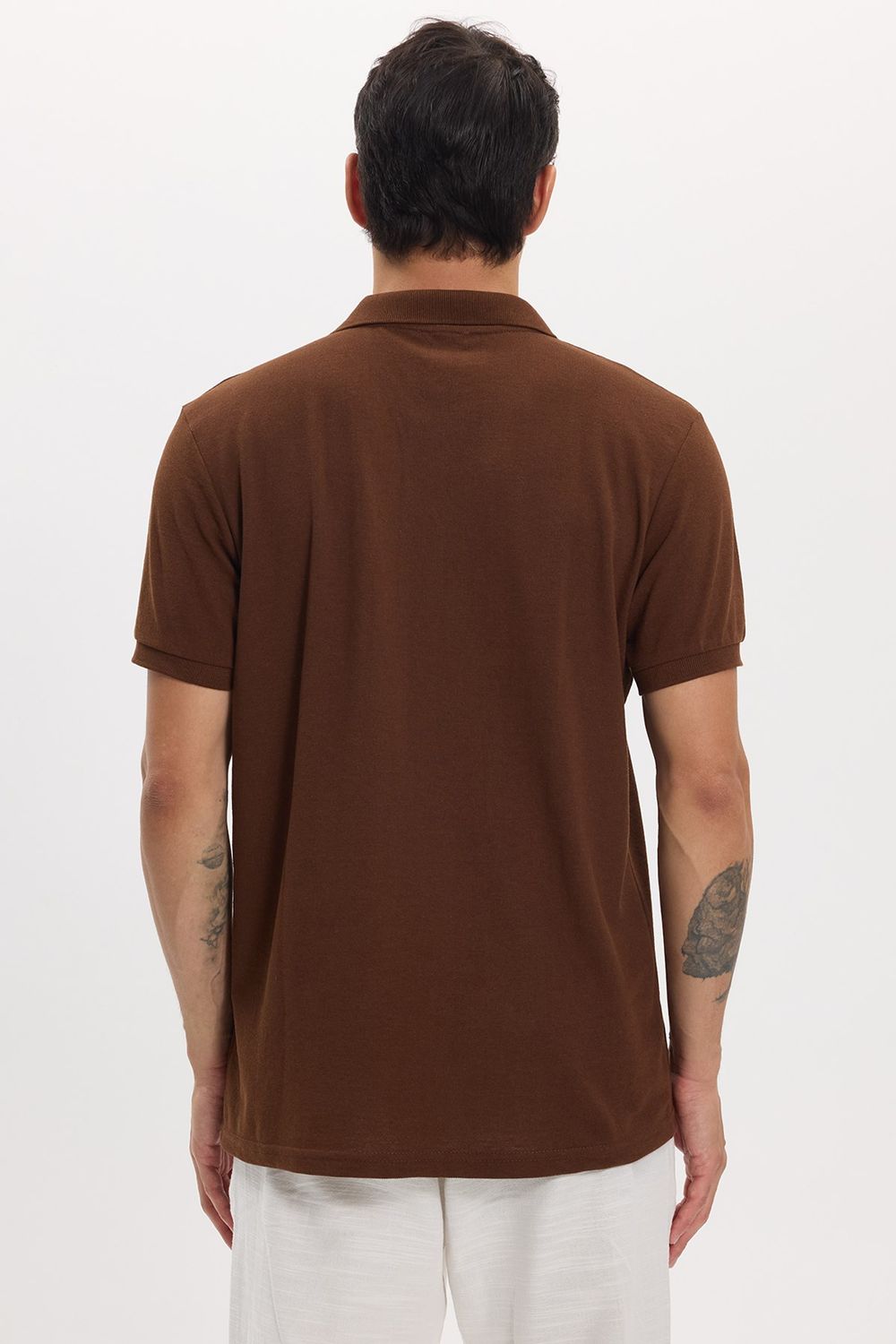 Erkek Slim Fit Dar Kesim Pamuklu Yumuşak Doku Nefes Alan Kumaş Kahverengi Polo Yaka Tişört