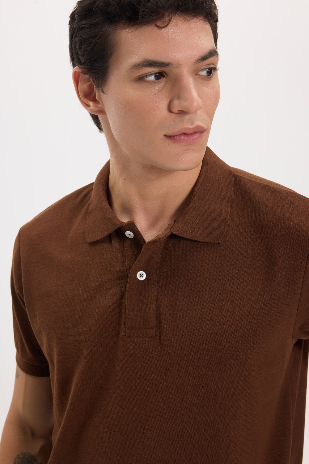 Erkek Slim Fit Dar Kesim Pamuklu Yumuşak Doku Nefes Alan Kumaş Kahverengi Polo Yaka Tişört