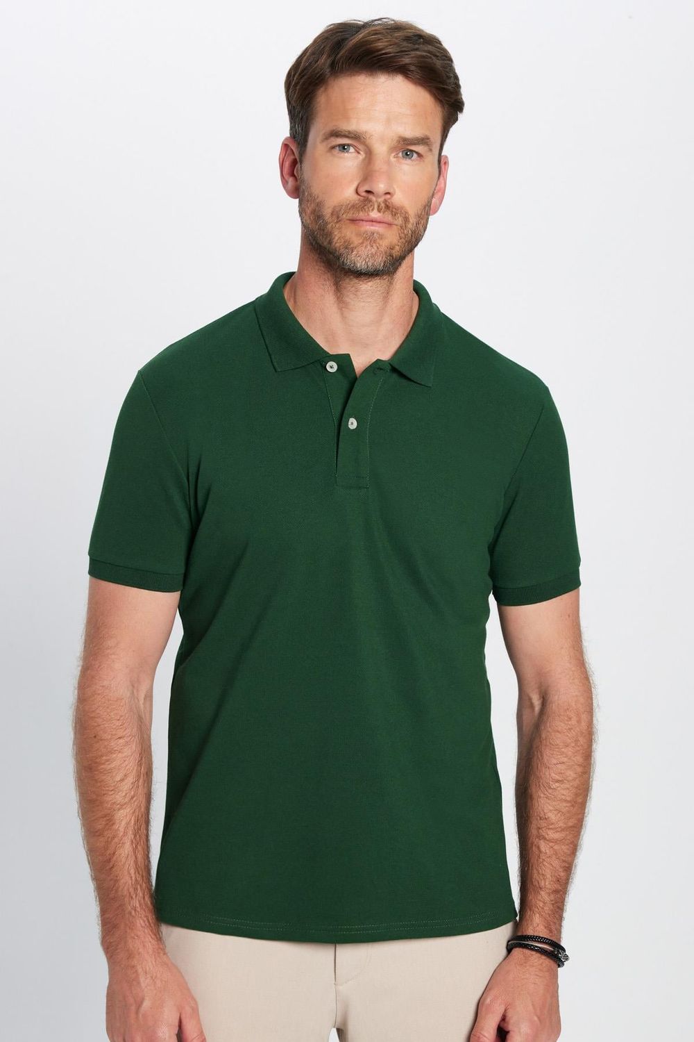 Erkek Slim Fit Dar Kesim Pamuklu Yumuşak Dokulu Serin Tutan Kumaş Düz Pike Haki Polo Yaka Tişört