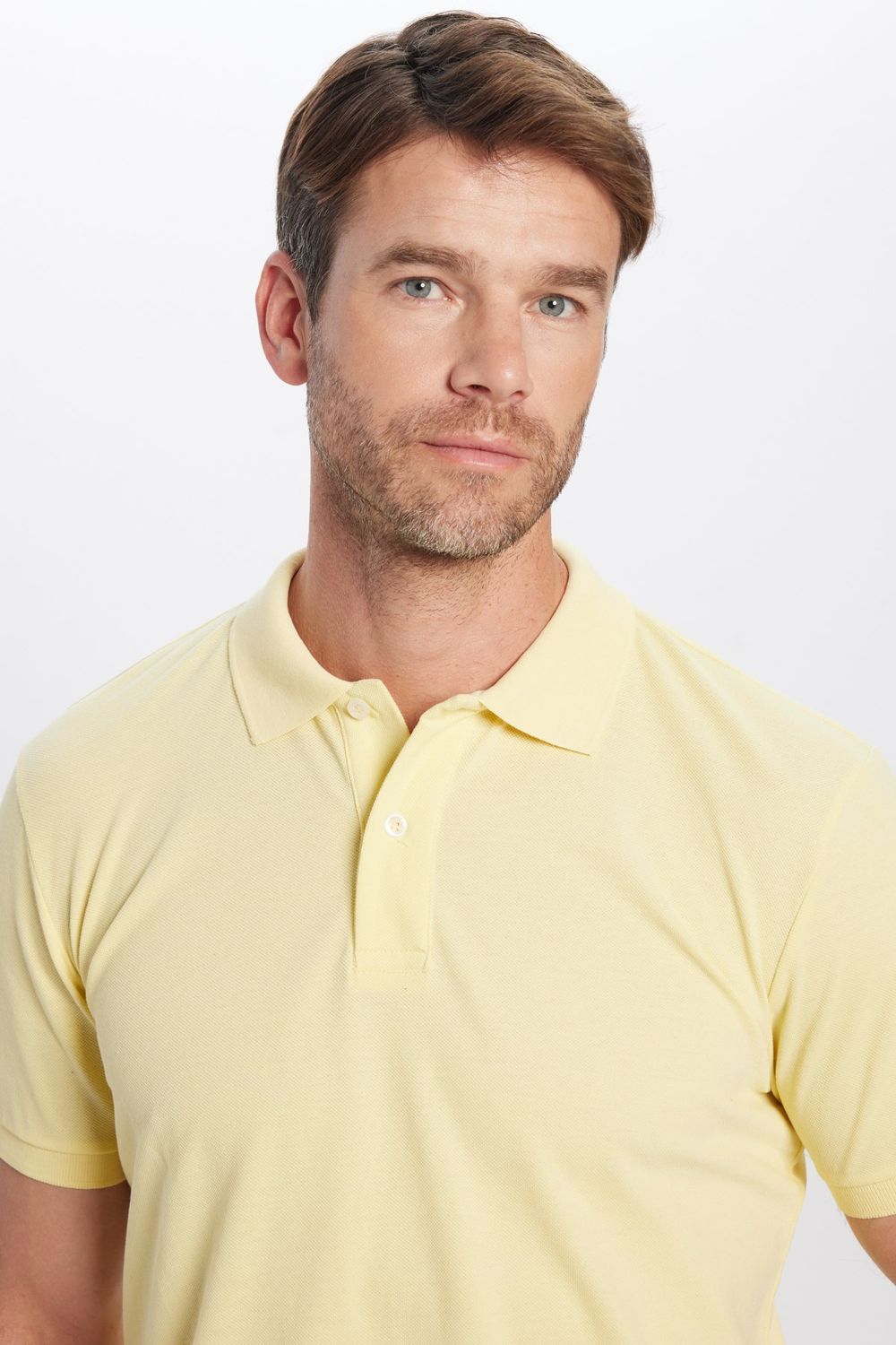 Erkek Slim Fit Dar Kesim Pamuklu Yumuşak Doku Nefes Alan Kumaş Kıvrılmaz Yaka Sarı Polo Yaka Tişört