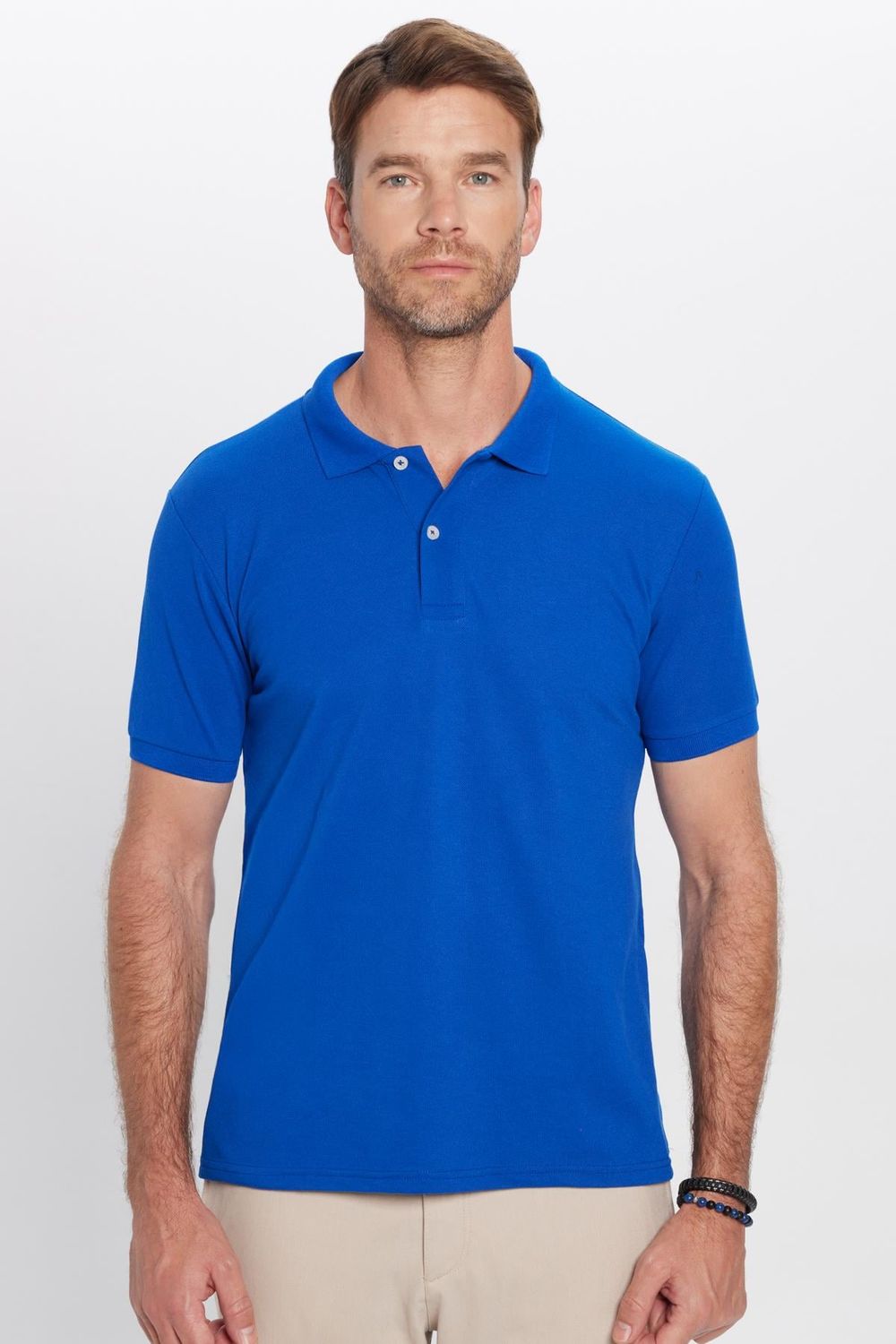Erkek Slim Fit Dar Kesim Pamuklu Yumuşak Dokulu Serin Tutan Kumaş Düz Saks Mavi Polo Yaka Tişört