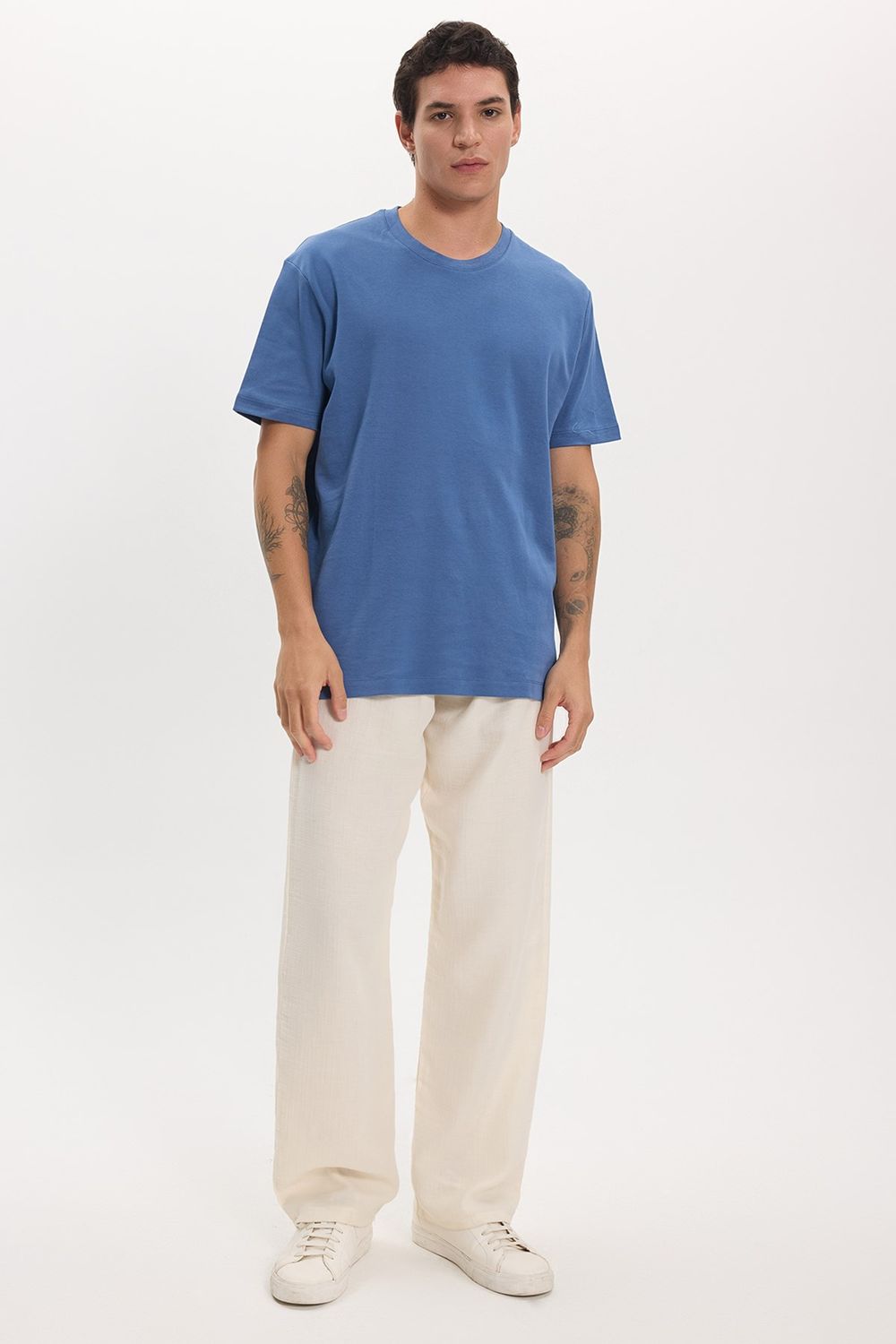 Unisex Relax Fit Rahat Kesim %100 Pamuk Yumuşak Dokulu Hafif Kalın Basic Bisiklet Yaka İndigo Tişört