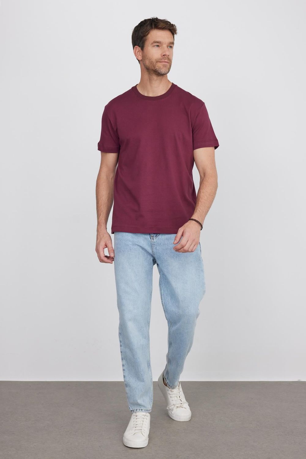 Unisex Relax Fit Rahat Kesim %100 Pamuk Yumuşak Dokulu Hafif Kalın Bordo Bisiklet Yaka Tişört