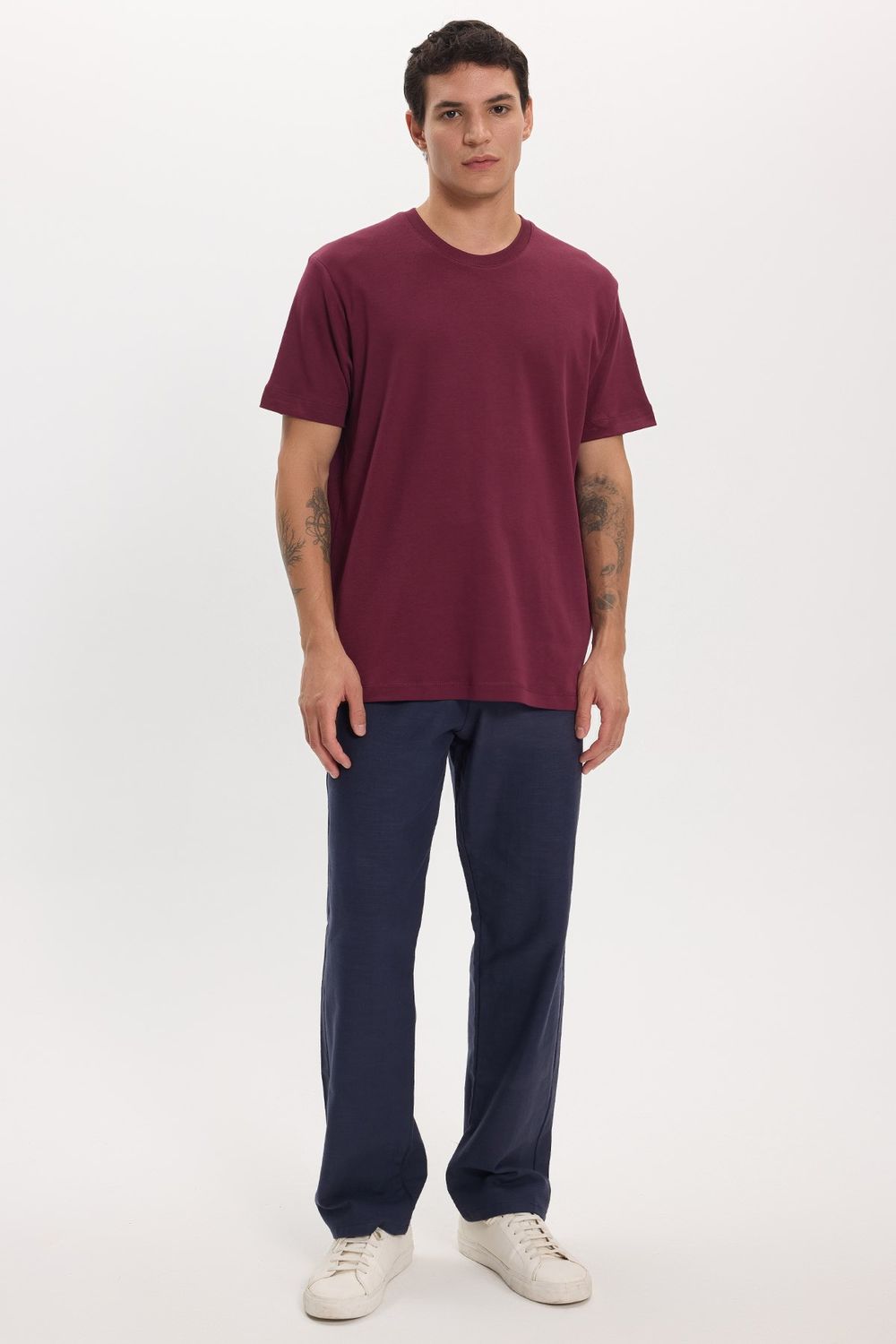 Unisex Relax Fit Rahat Kesim %100 Pamuk Yumuşak Dokulu Hafif Kalın Bordo Bisiklet Yaka Tişört