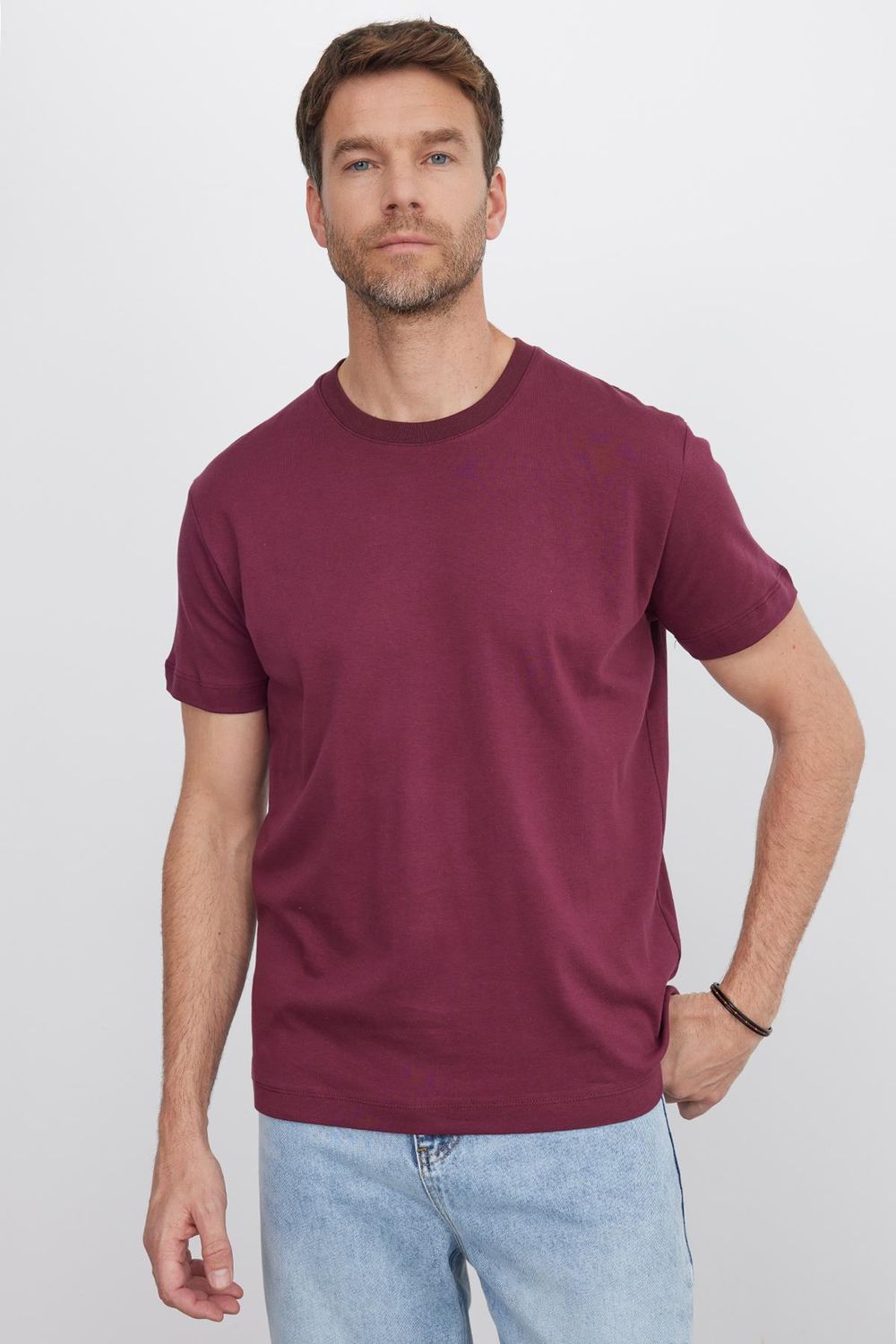 Unisex Relax Fit Rahat Kesim %100 Pamuk Yumuşak Dokulu Hafif Kalın Bordo Bisiklet Yaka Tişört
