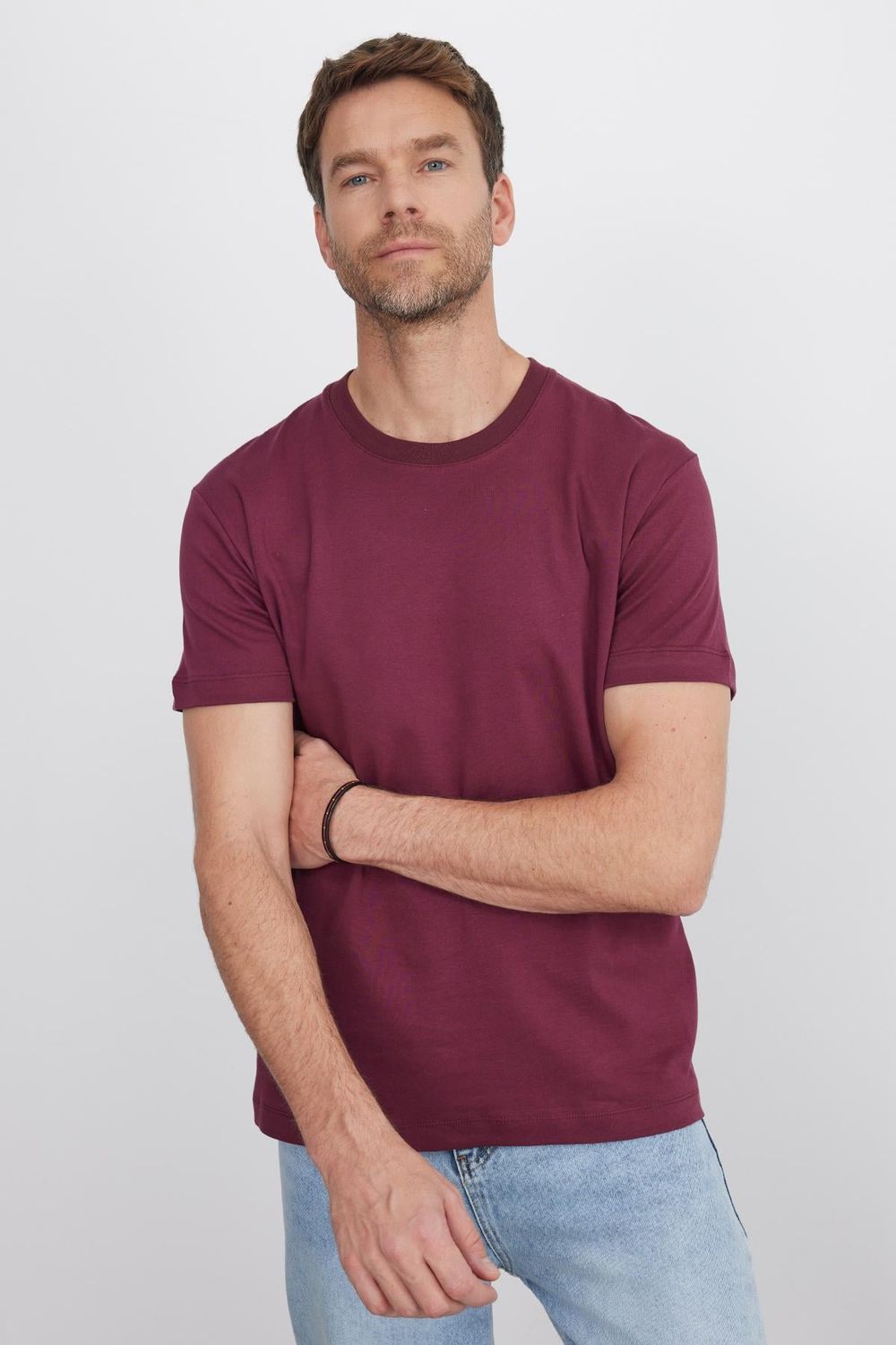 Unisex Relax Fit Rahat Kesim %100 Pamuk Yumuşak Dokulu Hafif Kalın Bordo Bisiklet Yaka Tişört