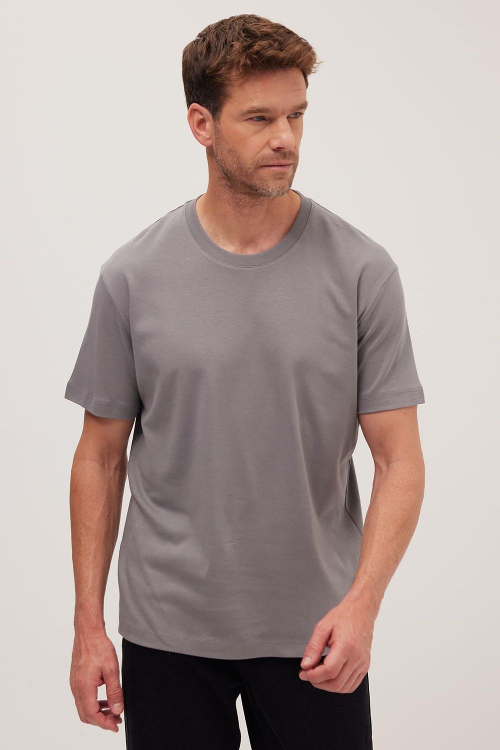 Unisex Relax Fit Rahat Kesim %100 Pamuk Yumuşak Dokulu Hafif Kalın Gri Bisiklet Yaka Tişört
