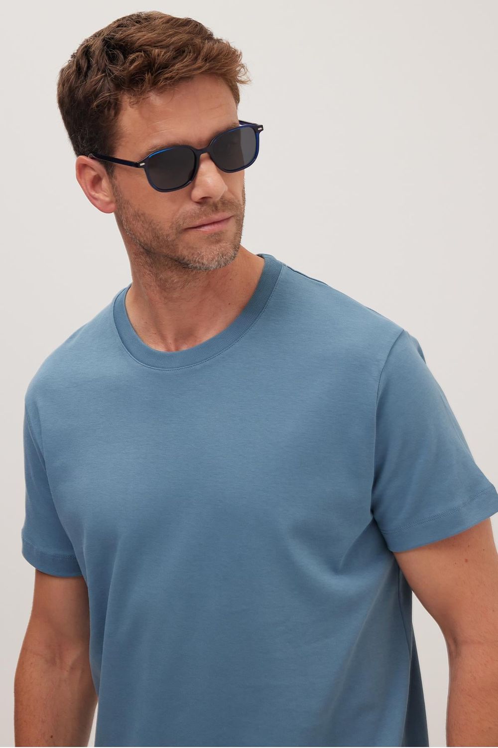 Unisex Relax Fit Rahat Kesim %100 Pamuk Yumuşak Dokulu Hafif Kalın Mavi Bisiklet Yaka Tişört