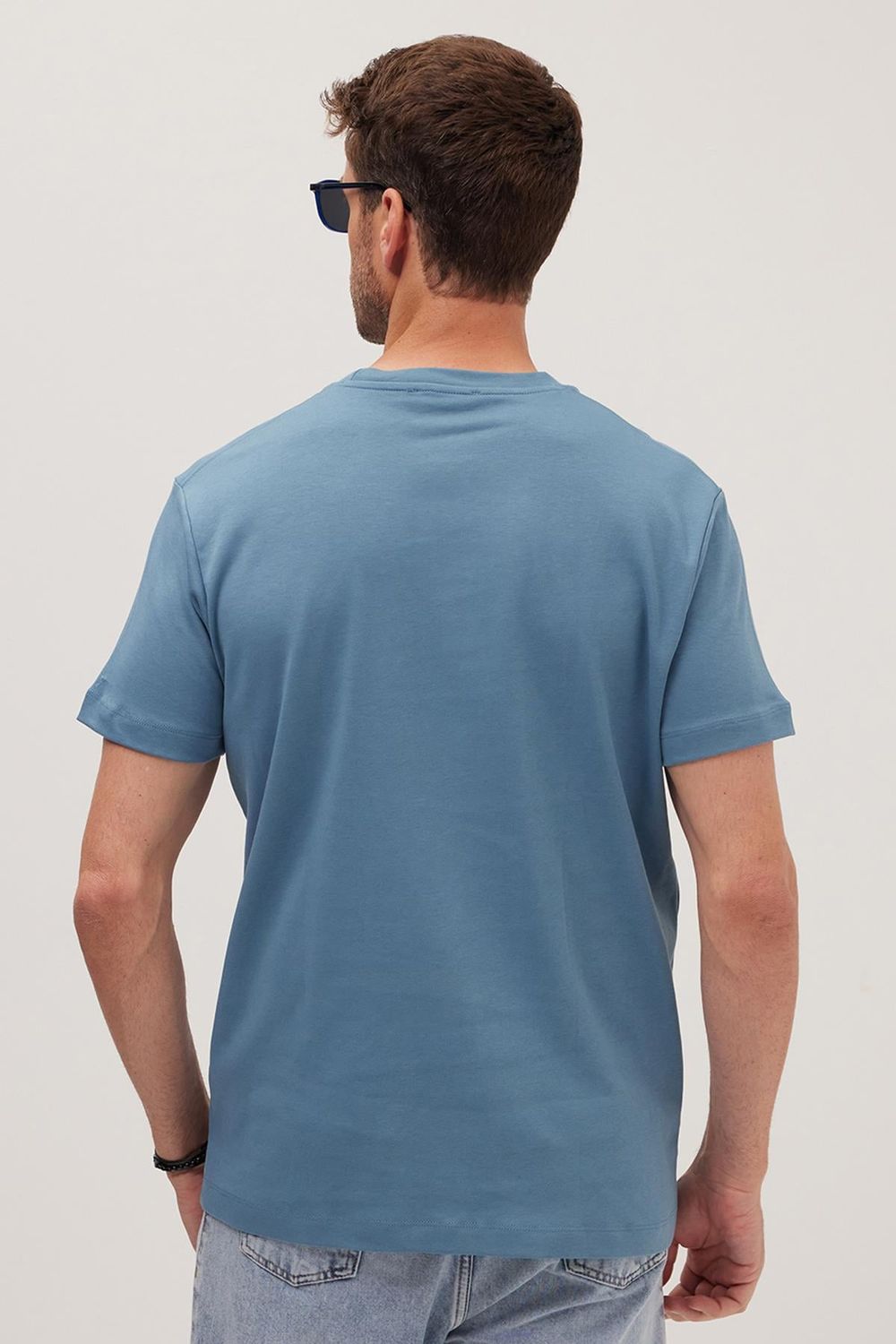 Unisex Relax Fit Rahat Kesim %100 Pamuk Yumuşak Dokulu Hafif Kalın Mavi Bisiklet Yaka Tişört