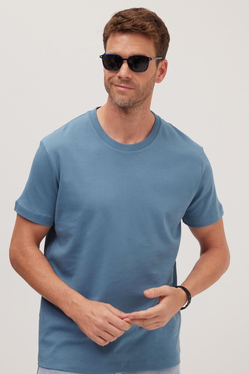 Unisex Relax Fit Rahat Kesim %100 Pamuk Yumuşak Dokulu Hafif Kalın Mavi Bisiklet Yaka Tişört
