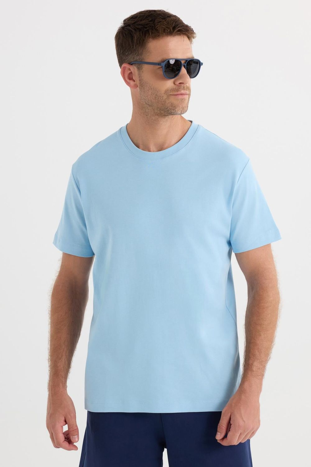 Unisex Relax Fit Rahat Kesim %100 Pamuk Yumuşak Dokulu Hafif Kalın Mavi Bisiklet Yaka Tişört
