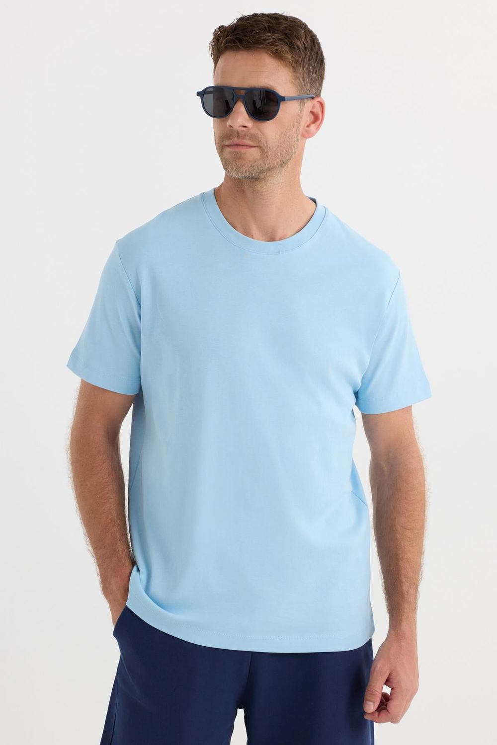 Unisex Relax Fit Rahat Kesim %100 Pamuk Yumuşak Dokulu Hafif Kalın Mavi Bisiklet Yaka Tişört