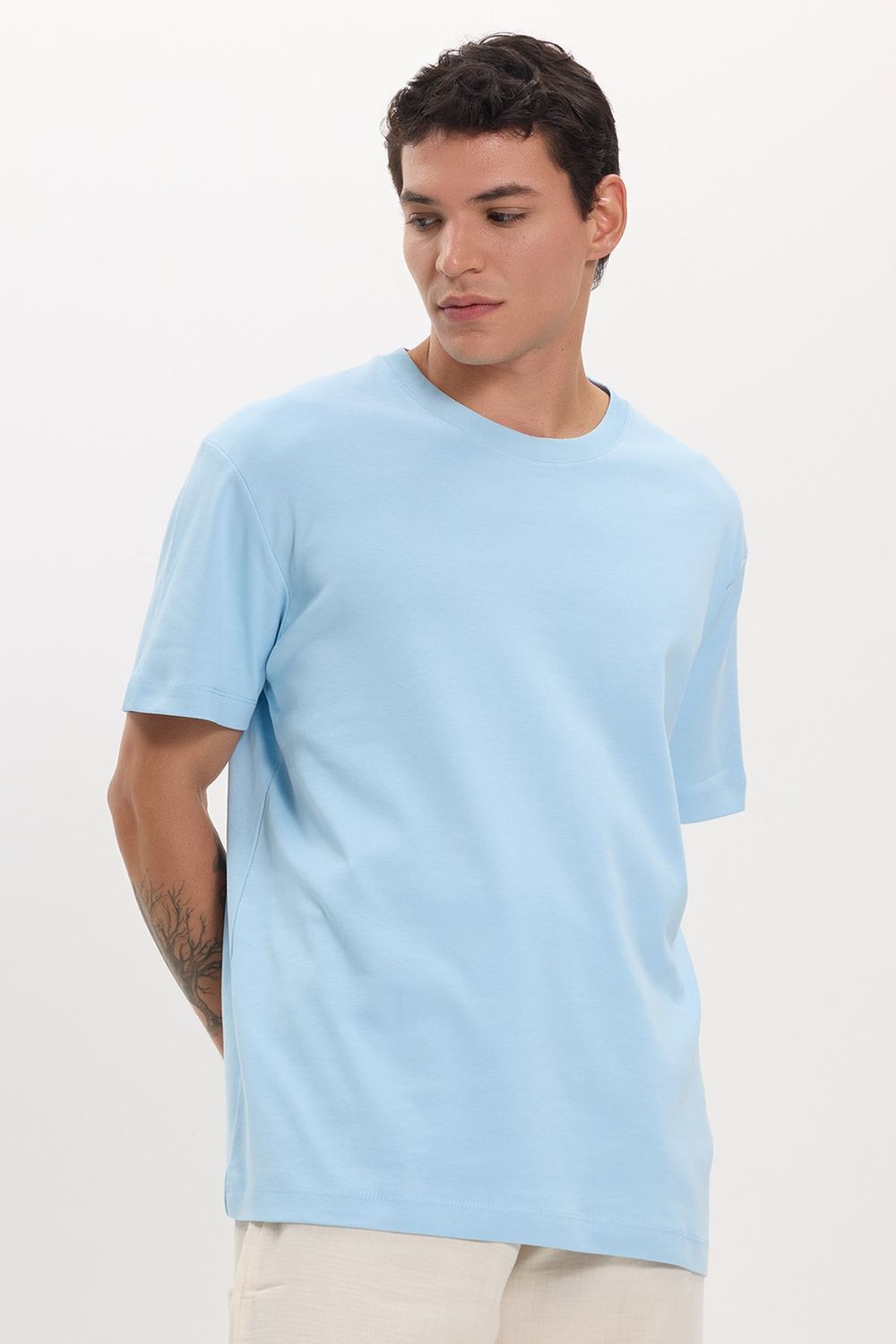 Unisex Relax Fit Rahat Kesim %100 Pamuk Yumuşak Dokulu Hafif Kalın Mavi Bisiklet Yaka Tişört