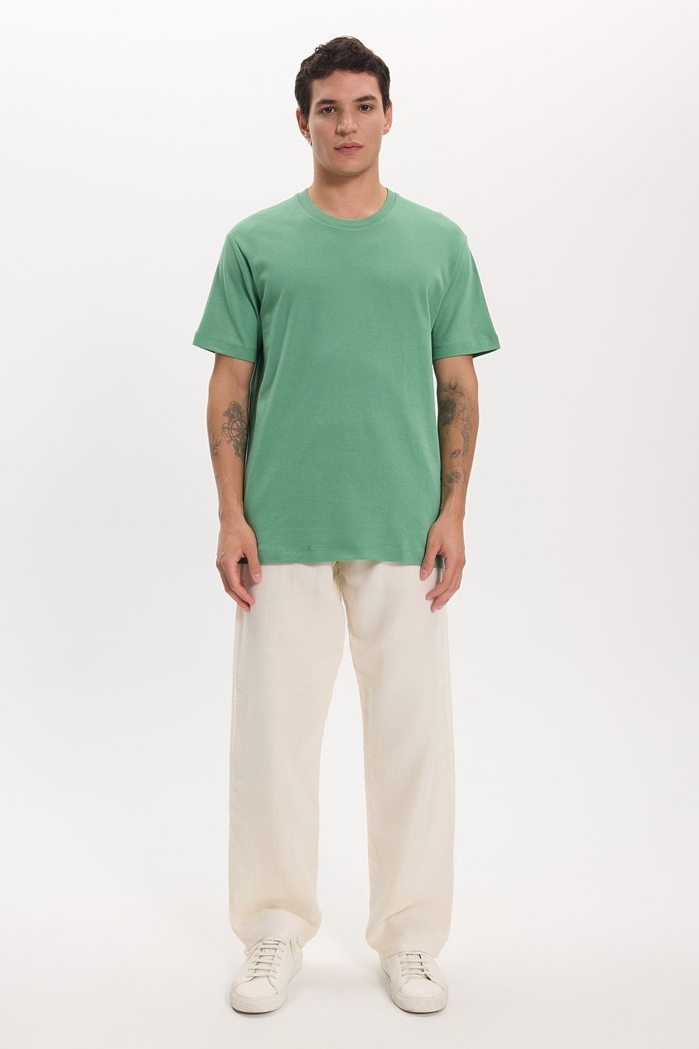 Unisex Relax Fit Rahat Kesim %100 Pamuk Yumuşak Dokulu Hafif Kalın Yeşil Bisiklet Yaka Tişört