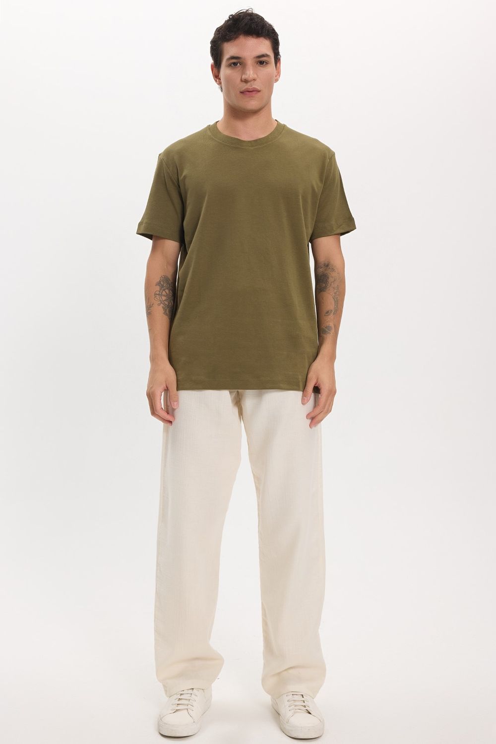 Unisex Relax Fit Rahat Kesim %100 Pamuk Yumuşak Dokulu Hafif Kalın Haki Bisiklet Yaka Tişört