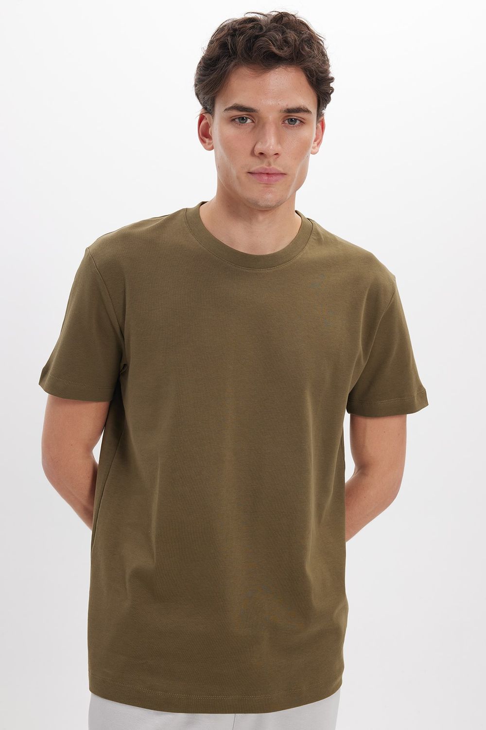 Unisex Relax Fit Rahat Kesim %100 Pamuk Yumuşak Dokulu Hafif Kalın Haki Bisiklet Yaka Tişört