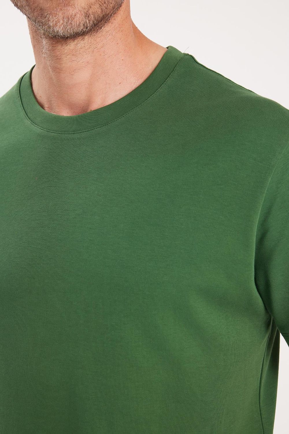 Unisex Relax Fit Rahat Kesim %100 Pamuk Yumuşak Dokulu Hafif Kalın Koyu Yeşil Bisiklet Yaka Tişört