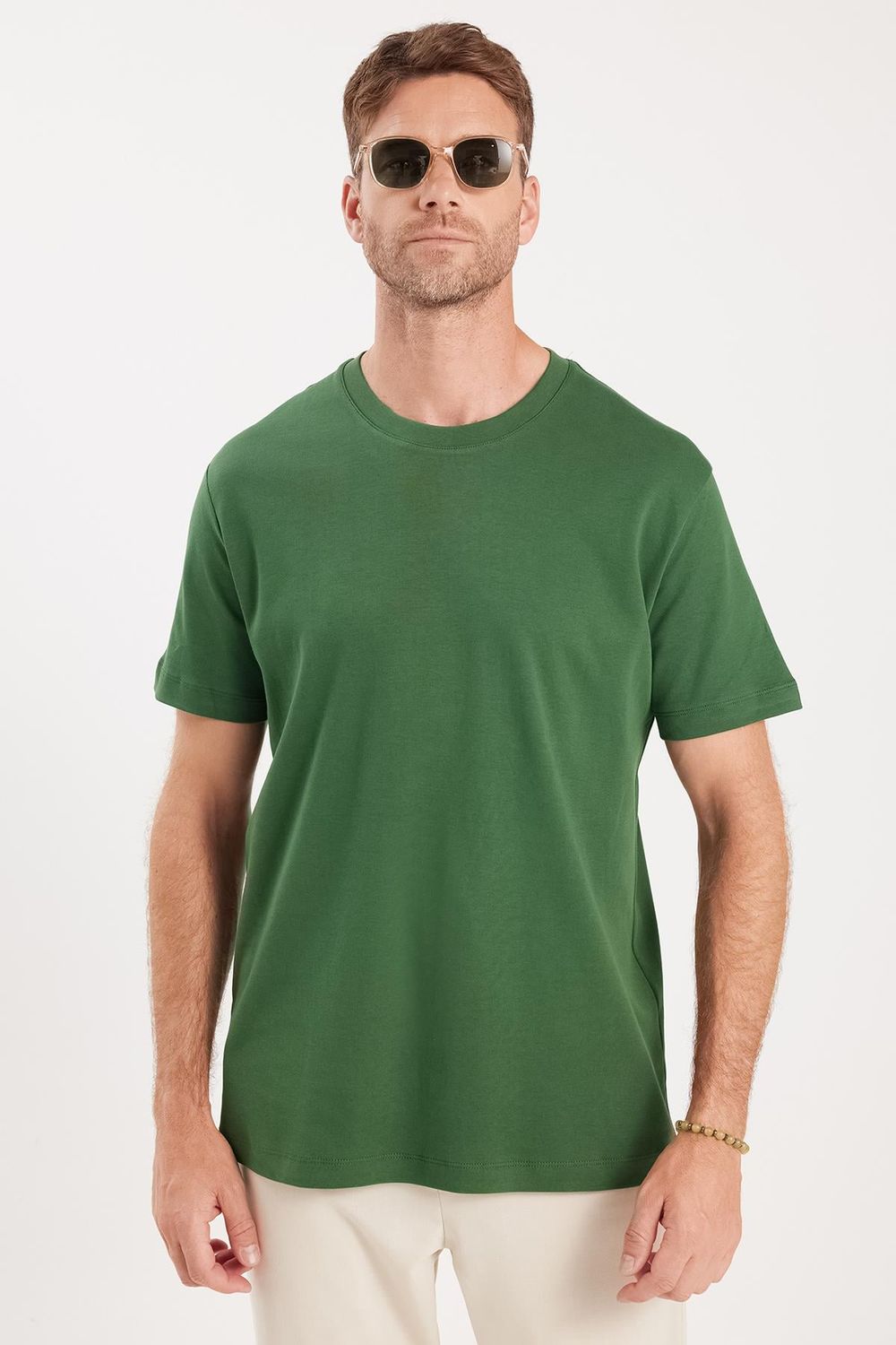 Unisex Relax Fit Rahat Kesim %100 Pamuk Yumuşak Dokulu Hafif Kalın Koyu Yeşil Bisiklet Yaka Tişört