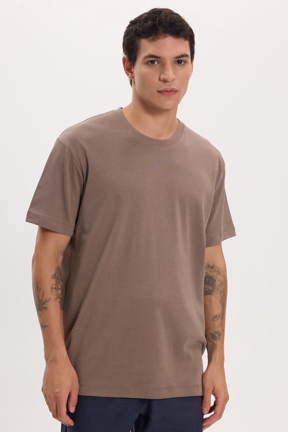 Unisex Relax Fit Rahat Kesim %100 Pamuk Yumuşak Dokulu Hafif Kalın Kahverengi Bisiklet Yaka Tişört