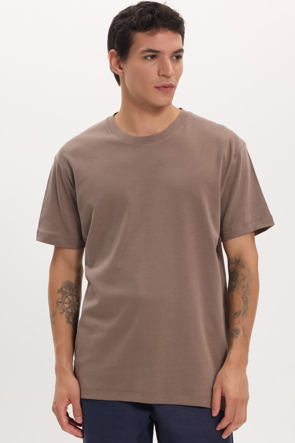 Unisex Relax Fit Rahat Kesim %100 Pamuk Yumuşak Dokulu Hafif Kalın Kahverengi Bisiklet Yaka Tişört