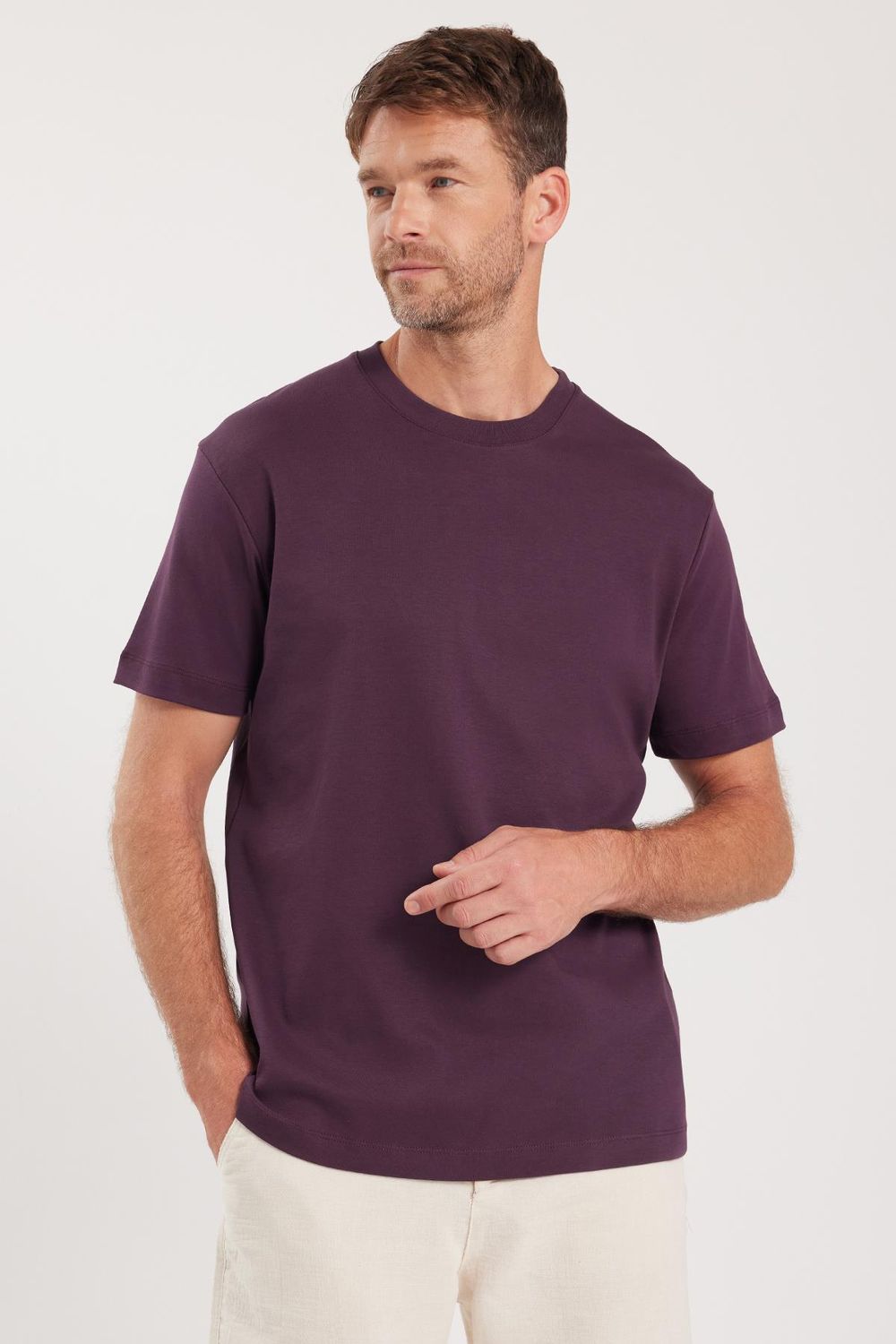 Unisex Relax Fit Rahat Kesim %100 Pamuk Yumuşak Dokulu Hafif Kalın Eflatun Bisiklet Yaka Tişört