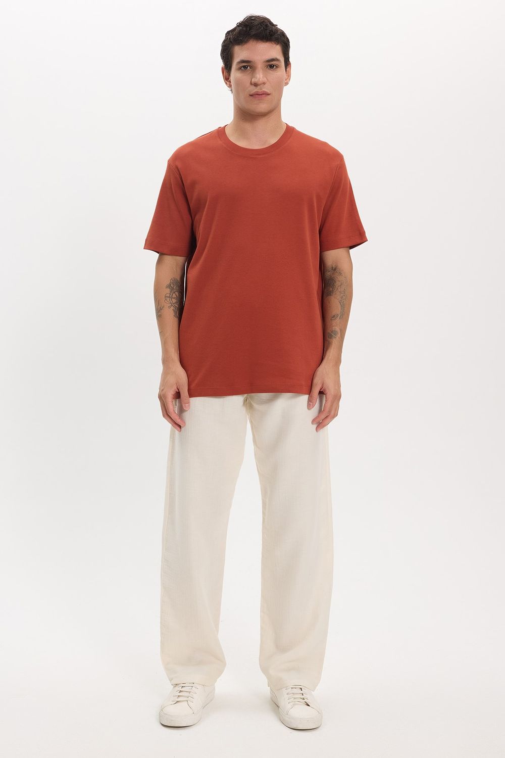 Unisex Relax Fit Rahat Kesim %100 Pamuk Yumuşak Dokulu Hafif Kalın Kiremit Bisiklet Yaka Tişört