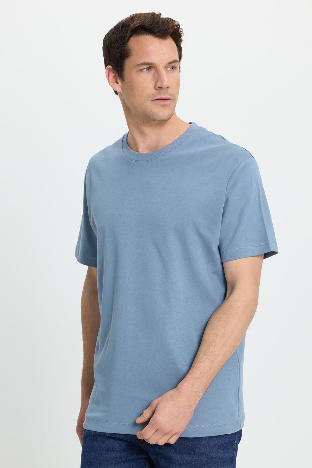 Unisex Relax Fit Rahat Kesim %100 Pamuk Yumuşak Dokulu Hafif Kalın Basic Bisiklet Yaka Mavi Tişört