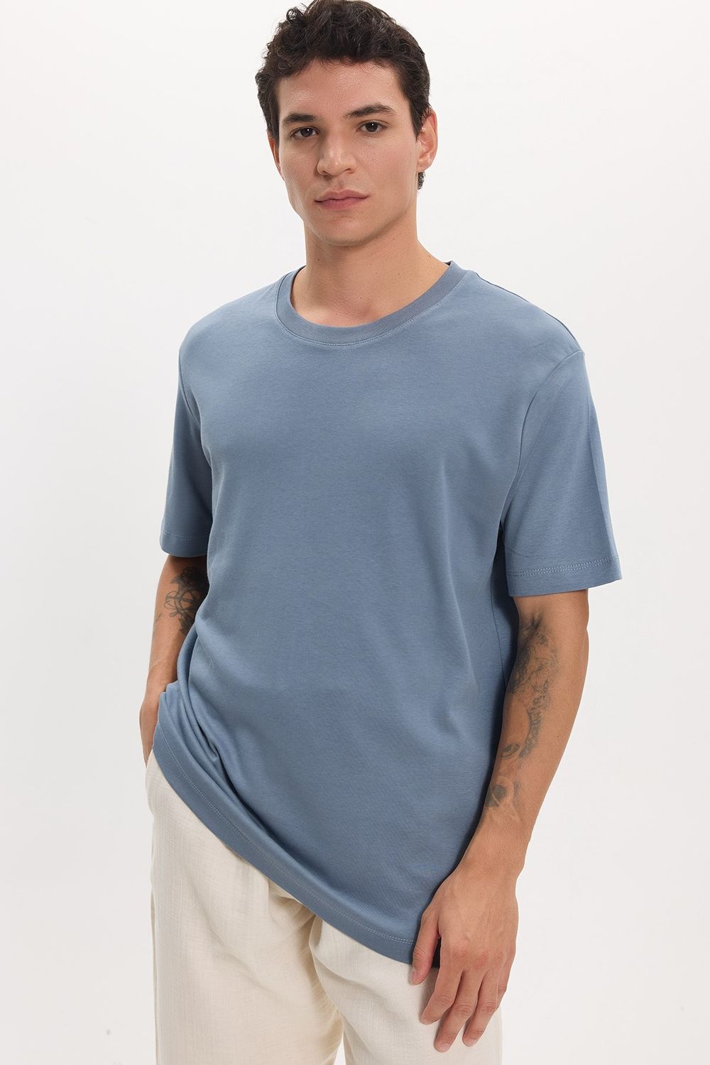 Unisex Relax Fit Rahat Kesim %100 Pamuk Yumuşak Dokulu Hafif Kalın Basic Bisiklet Yaka Mavi Tişört